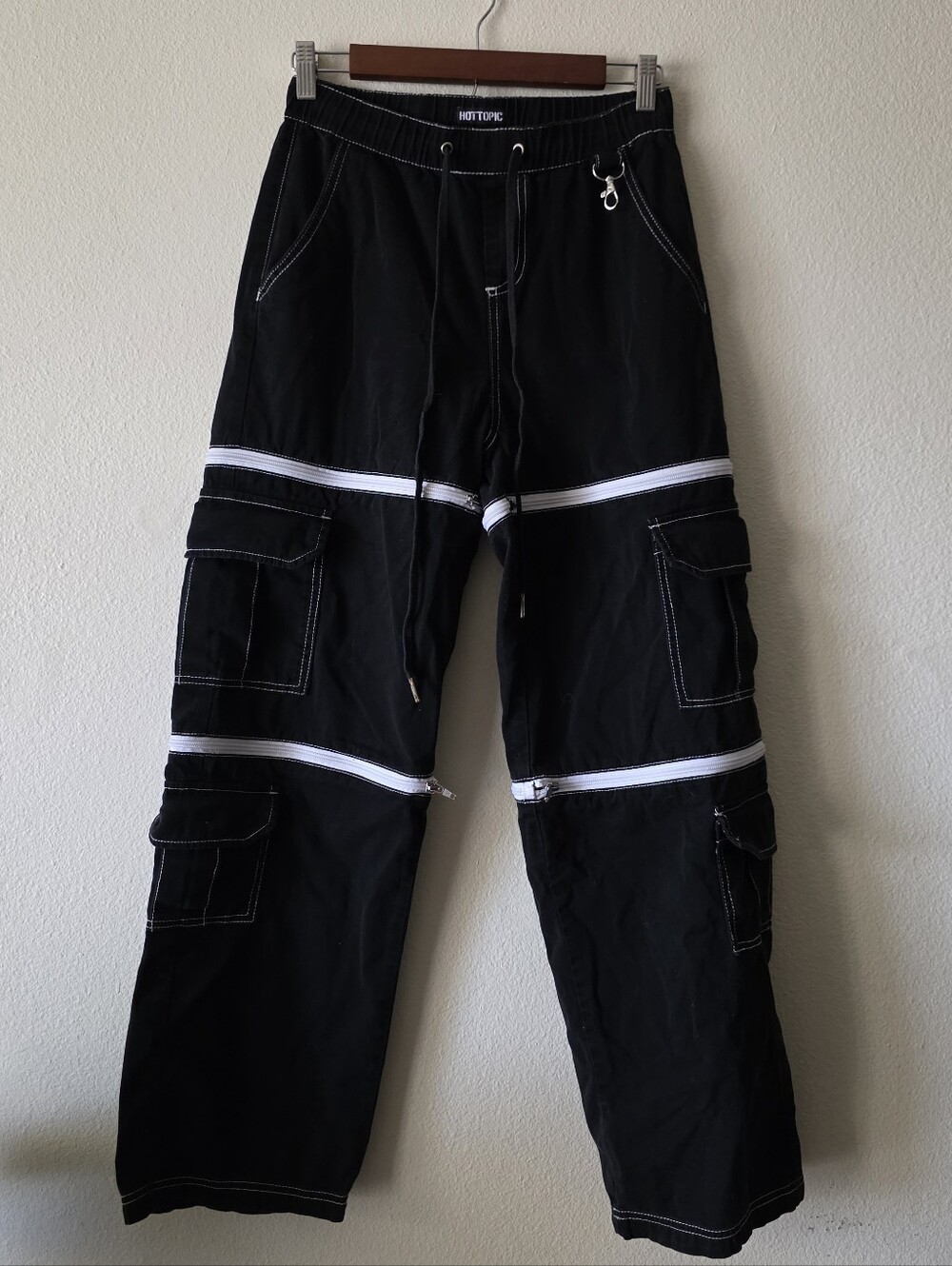 Hot Topic Black Zip Cargo Pants with White Stitching